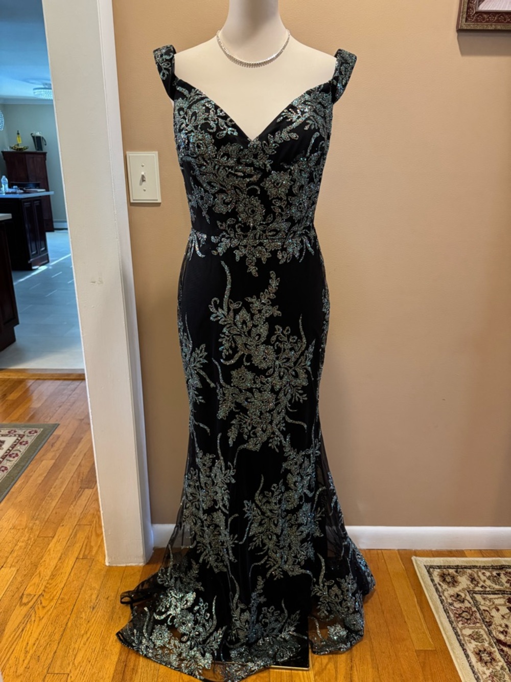 SOLD Elegant Black Evening Gown with Silver-Green Embroidery